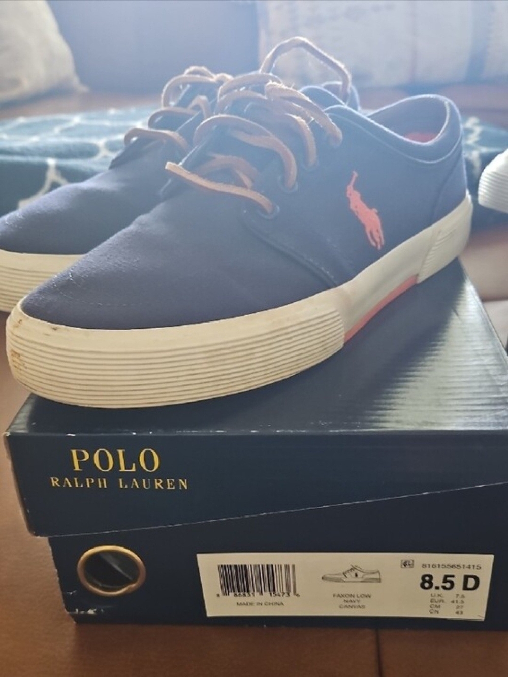 Polo by Ralph Lauren Navy Canvas Low-Top Sneakers with Orange Polo Pony